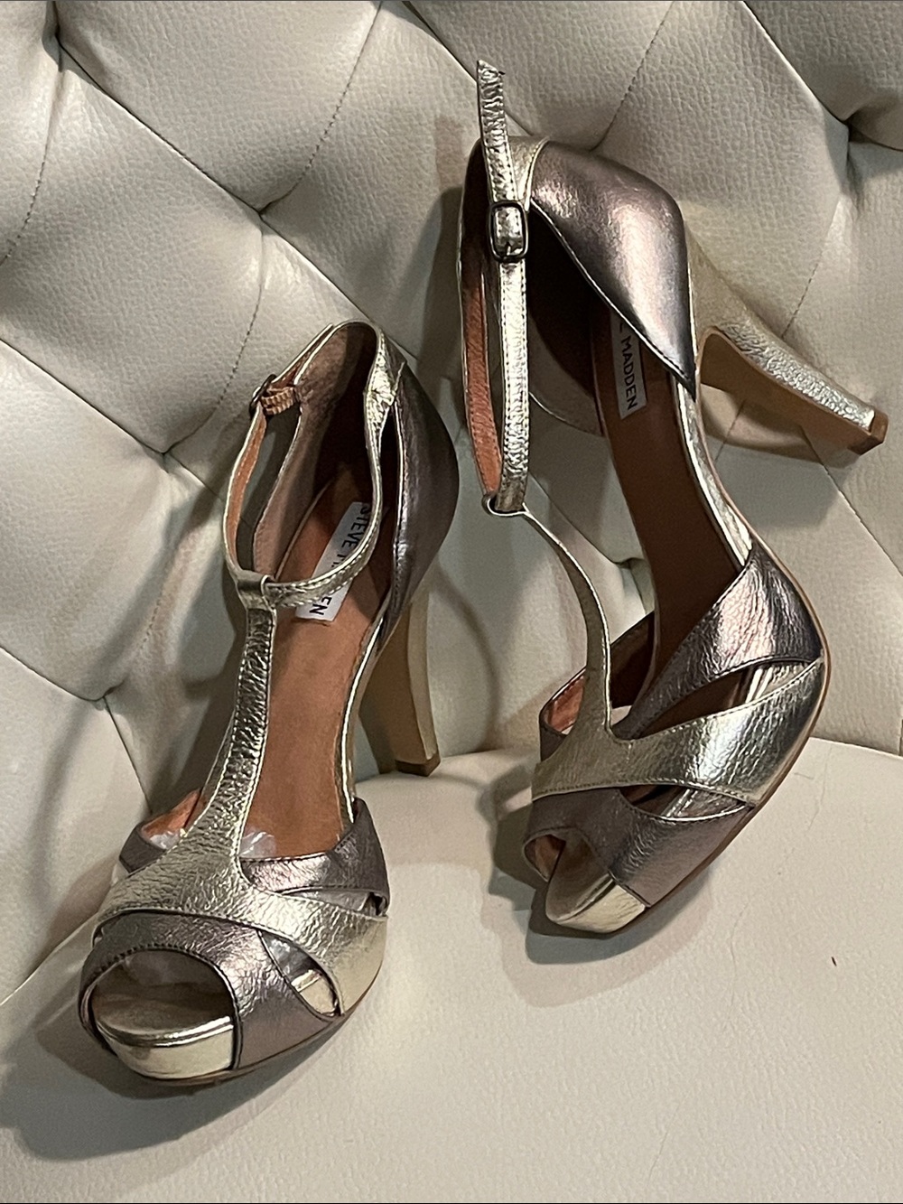 Steve Madden Metallic Gold and Pewter T-Strap Peep-Toe Heels